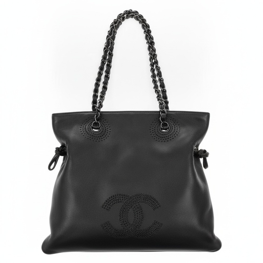 CHANEL Black Lambskin Studded Shoulder Bag